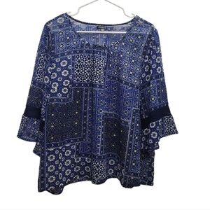 Hannah Blue and White Patchwork  Crocheted Sleeve Boho Peasant Blouse Size XL